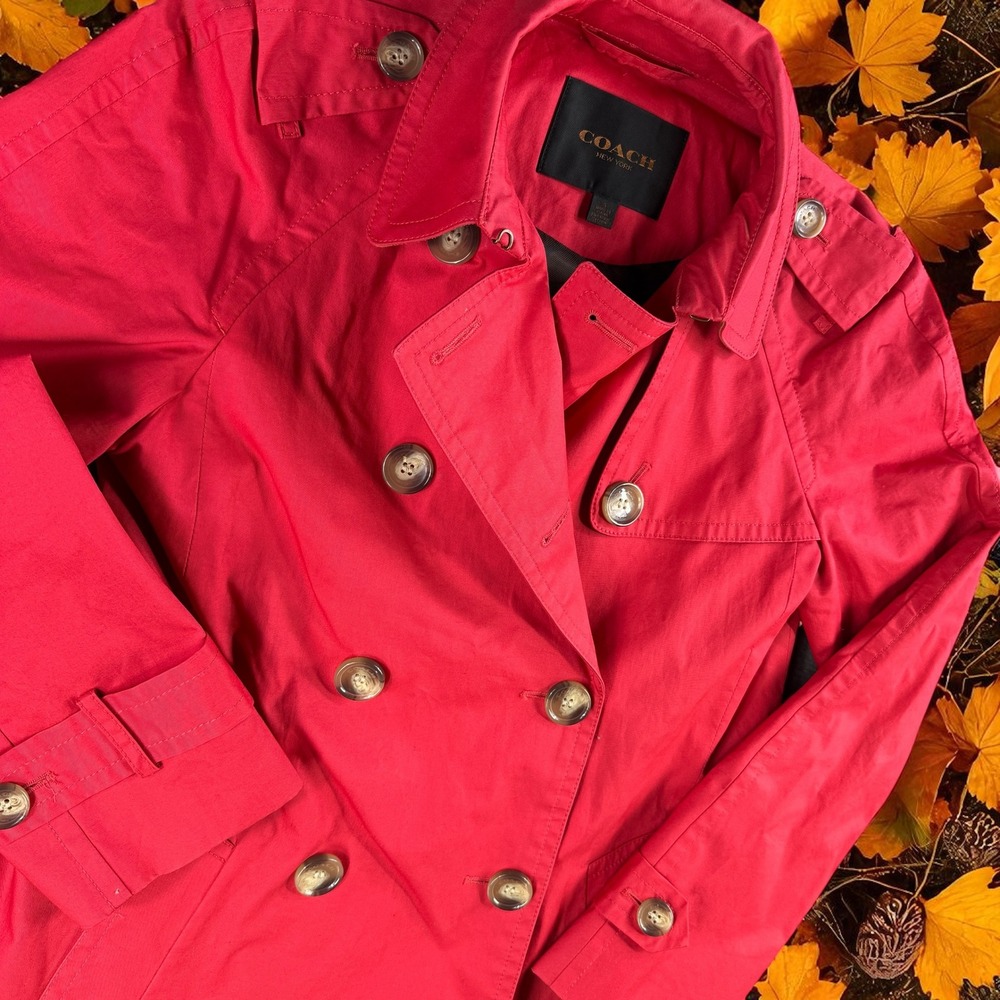 Coach Trench Coat Women S New York Red Blend Double Breasted Belted Leather Trim